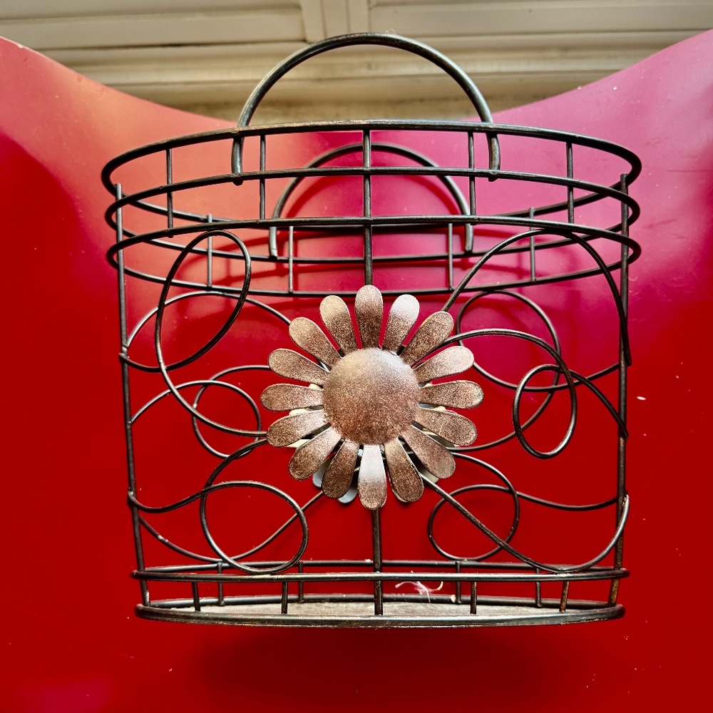 Decorative Wire Basket With Copper Sunflower Accent Wall Hanging